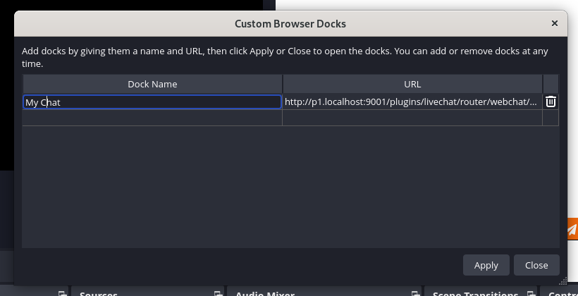 Screenshot dialogového okna OBS Custom Browser Docks s novým dokem nazvaným „My chat“.